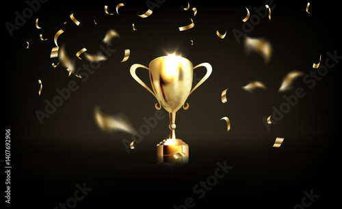 Trophy cup. Champion trophy, shiny golden cup and falling confetti, sport award. Winner prize, champions realistic vector celebration winning concept