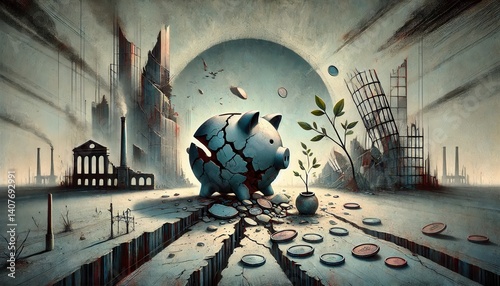 trade tariffs, economic war. A broken piggy bank with scattered coins on cracked ground with a dramatic city background. Economic recession, financial crisis, instability