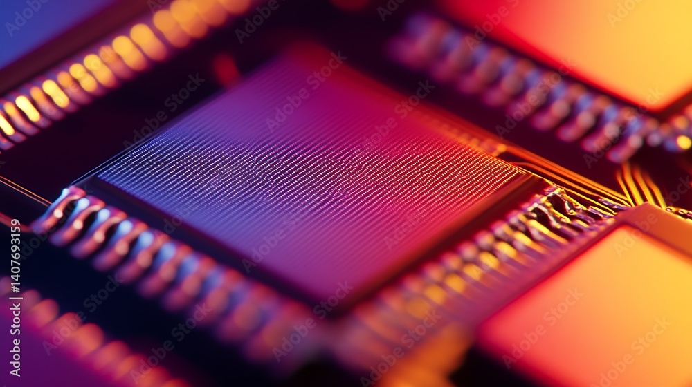 Macro shot of microchip with intense color saturation and superb detail highlighting its engineering : Generative AI