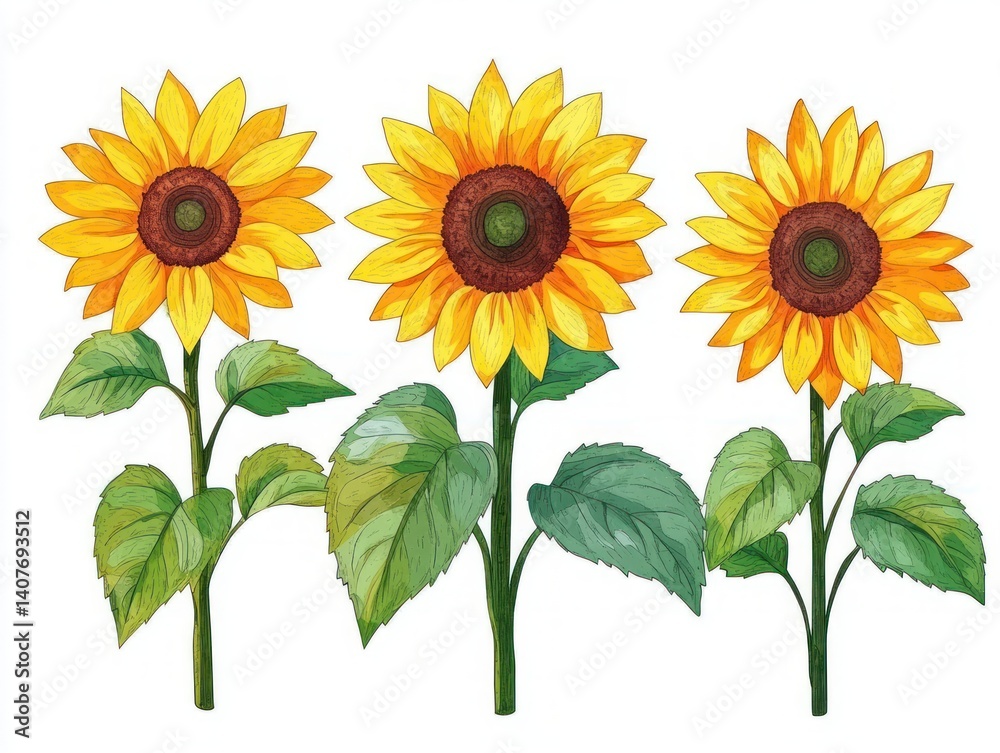 Obraz premium Sunflowers in Japanese Woodblock Style Minimalist Illustration