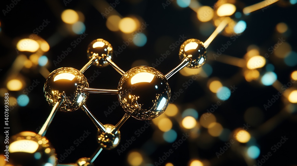 Vibrant Close Up of Golden Connected Molecules with Shiny Texture in an Abstract Composition : Generative AI