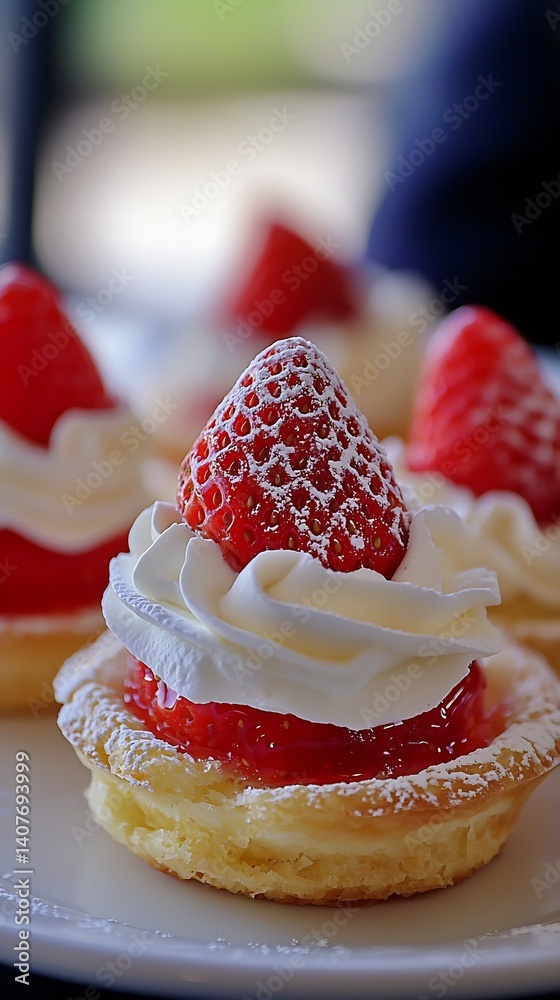 Artfully crafted strawberry tartlet with creamy topping and fresh strawberries on display : Generative AI