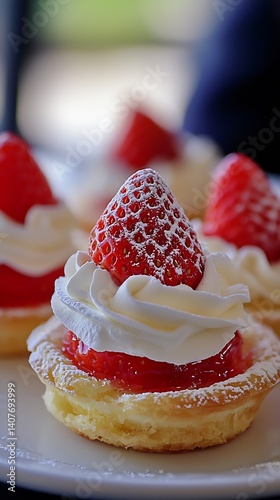 Obraz na płótnie Artfully crafted strawberry tartlet with creamy topping and fresh strawberries on display : Generative AI w salonie