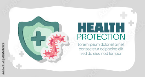 Guard shield attacked by virus, germs and bacteria. Immune system and virus protection concept with Health Protection text. Immunity hygienic medical prevention