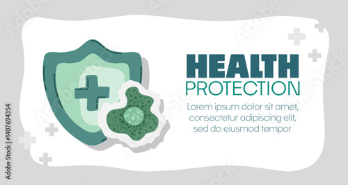 Guard shield attacked by virus, germs and bacteria. Immune system and virus protection concept with Health Protection text. Immunity hygienic medical prevention