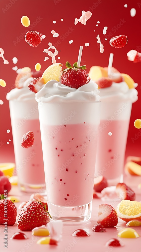 Fruity strawberry banana shake with whipped topping and a splash effect providing a playful vibe : Generative AI