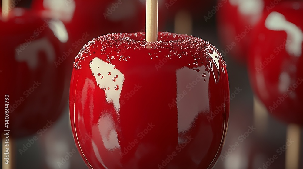 Close up of glistening red candy apple with sugar sprinkles and wooden stick : Generative AI