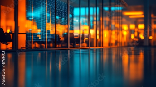 Obraz na płótnie Modern office interior with sleek design showcasing vibrant blue and orange lighting and glass walls : Generative AI w salonie