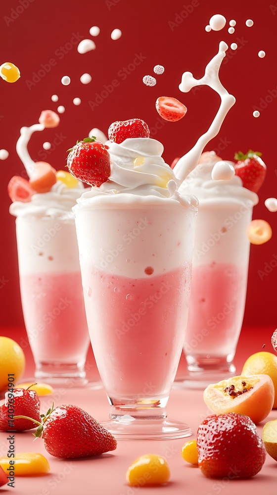 Decadent strawberry smoothie with peach and cherry elements showcased in an artistic splash for a vibrant summer treat : Generative AI