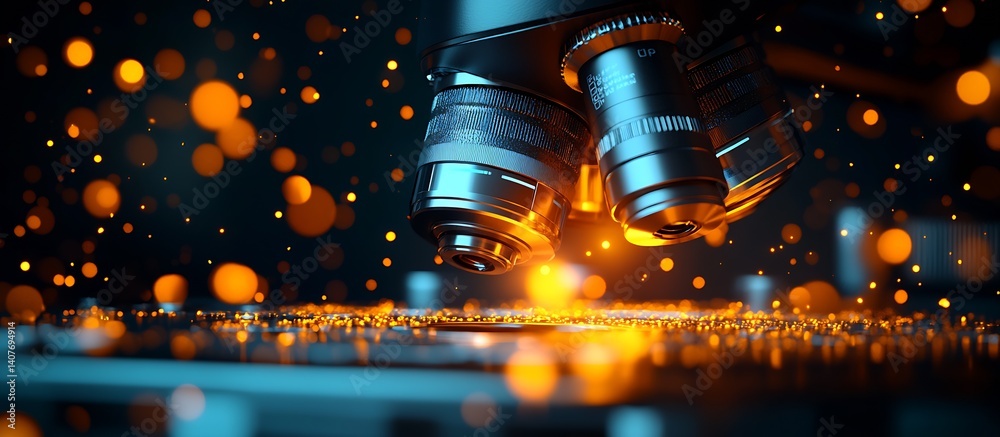 Intricate details of a micro surface captured by a microscope under glowing orange lights showcasing scientific exploration : Generative AI