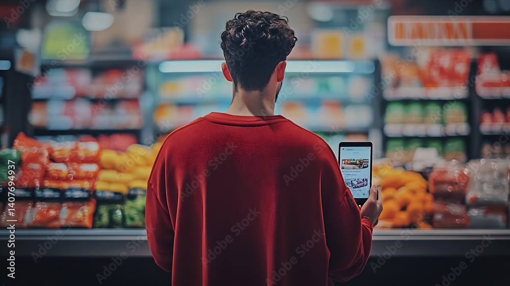 Man using tablet to shop for groceries with fresh fruits and vegetables in view : Generative AI