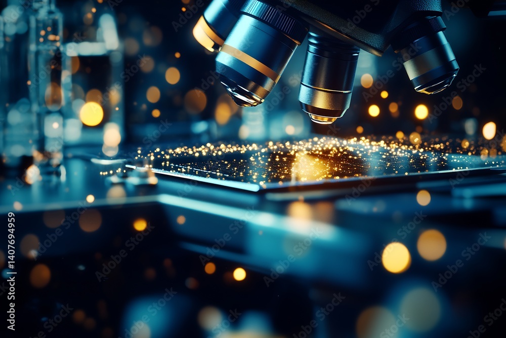Elegant microscope capturing a detailed image with shimmering bokeh effects perfect for scientific presentations : Generative AI