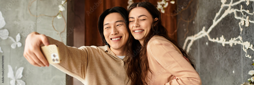 Obraz premium Couple joyfully capturing wedding preparations against a vibrant floral backdrop