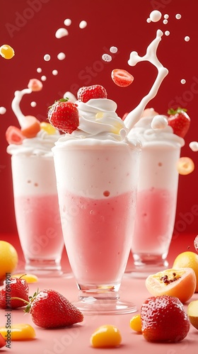 Obraz na płótnie Decadent strawberry smoothie with peach and cherry elements showcased in an artistic splash for a vibrant summer treat : Generative AI w salonie