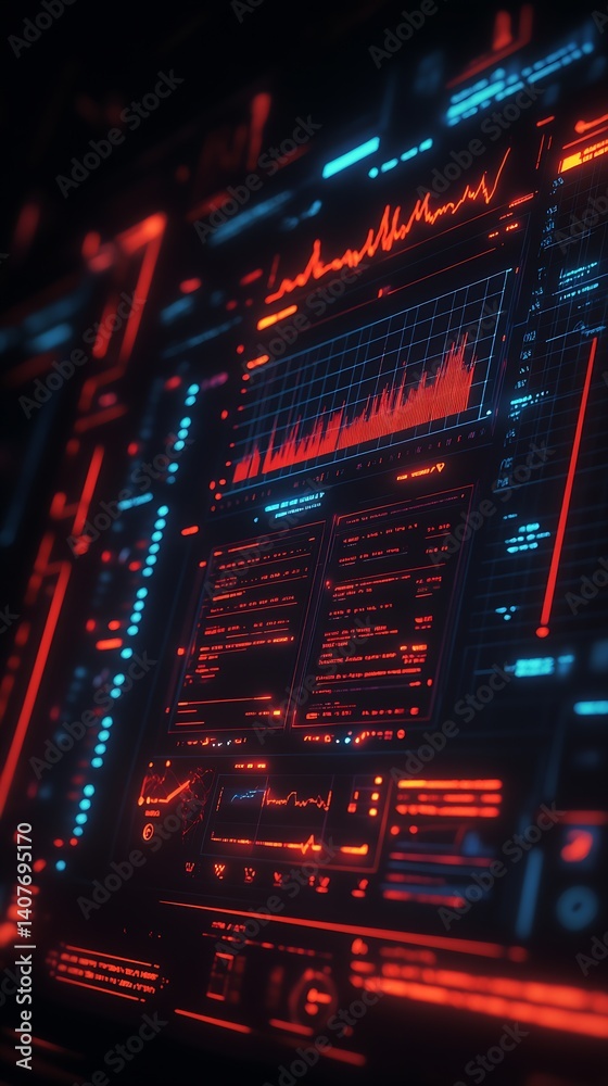 High-tech digital interface showcasing vibrant data trends in red and blue visualizations : Generative AI