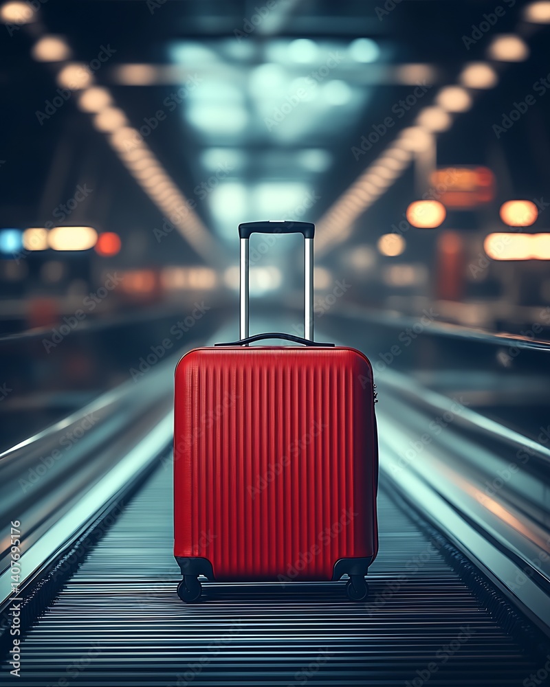 Stylish red suitcase on conveyor at airport presenting practical travel solutions for modern adventures : Generative AI