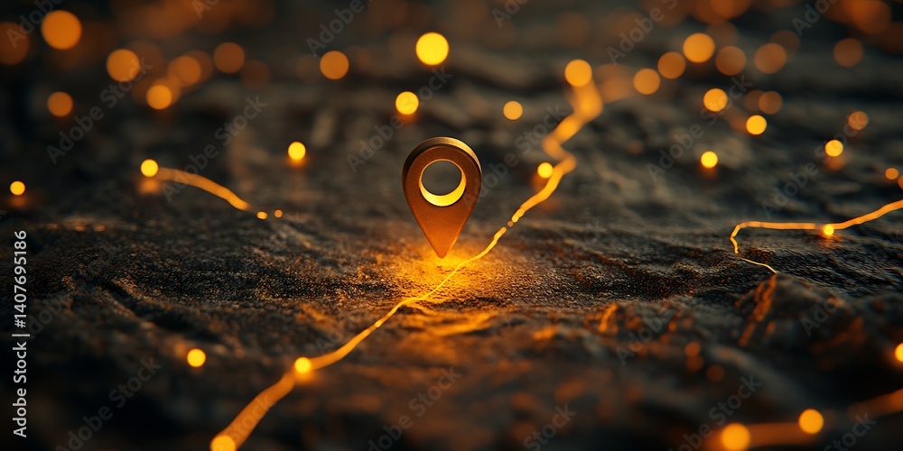 Golden location marker glowing on textured dark surface surrounded by soft warm lights : Generative AI