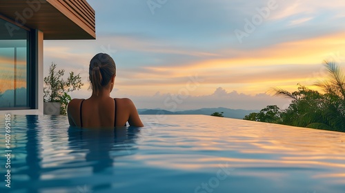 Serene Evening View of a Woman Relaxing in an Infinity Pool with a Vibrant Sunset : Generative AI