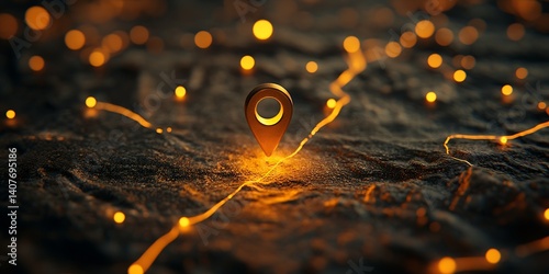 Obraz na płótnie Golden location marker glowing on textured dark surface surrounded by soft warm lights : Generative AI w salonie