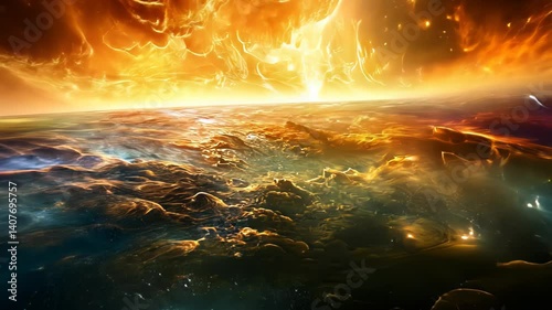 A colorful planet with a bright yellow sun in the middle. The sun is surrounded by a cloud of fire