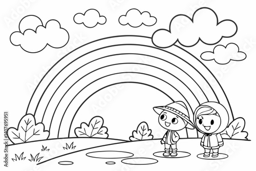 kids coloring page, a bright rainbow after the rain, cartoonish, friendly, thick outlines