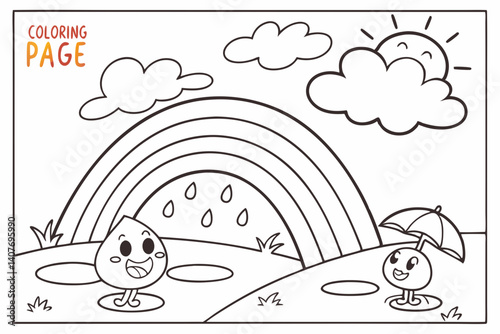 kids coloring page, a bright rainbow after the rain, cartoonish, friendly, thick outlines