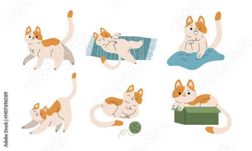 Funny Cat Domestic Pet with Pretty Snout Engaged in Different Activity Vector Set