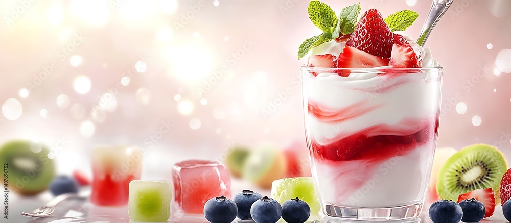 Vibrant layered yogurt dessert with strawberries blueberries and a hint of mint for a tasty indulgence : Generative AI