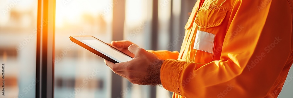 Engineer in an Orange Work Suit Using a Tablet Near Large Windows with Sunset View : Generative AI