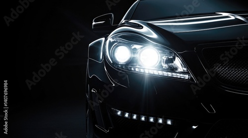 The black car gradually emerges from the darkness due to the illumination and disappears again in the darkness. Close-up on headlights