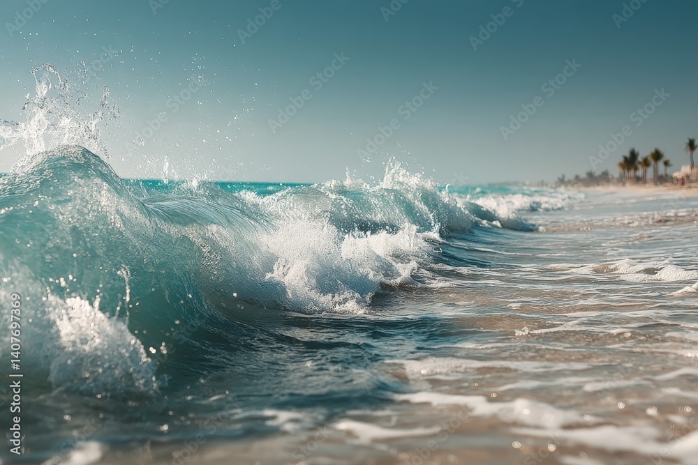 Obraz premium Waves crashing onto the sandy shore under a clear sky near palm trees during a sunny day