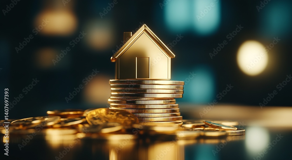 Stylish golden house on coins illustrating the concepts of real estate investment and financial prosperity : Generative AI