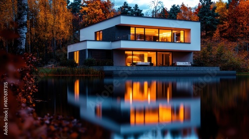 Modern house by lake at autumn evening photo