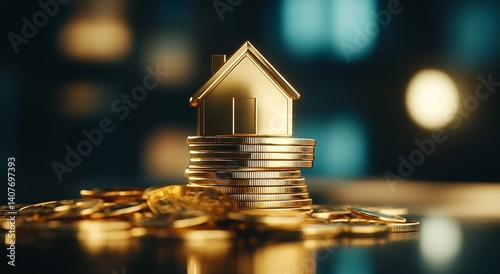 Stylish golden house on coins illustrating the concepts of real estate investment and financial prosperity : Generative AI
