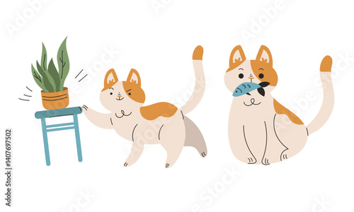 Funny Cat Domestic Pet with Pretty Snout Engaged in Different Activity Vector Set