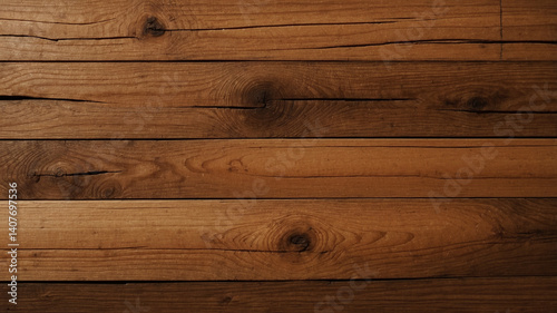 Medium brown wood texture background viewed from above. The wooden planks are stacked horizontally and have a worn look. This surface would be great as design element for a wall, floor, table 