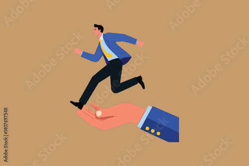 Businessman Running Forward from a Helping Hand: Support, Assistance, and Launching Towards Success in Career