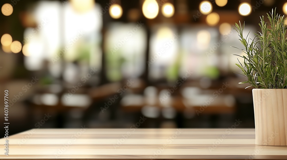 Charming indoor scene with a potted plant on a wooden table in a modern cafe setting : Generative AI