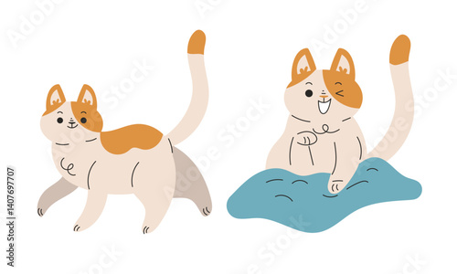 Funny Cat Domestic Pet with Pretty Snout Engaged in Different Activity Vector Set