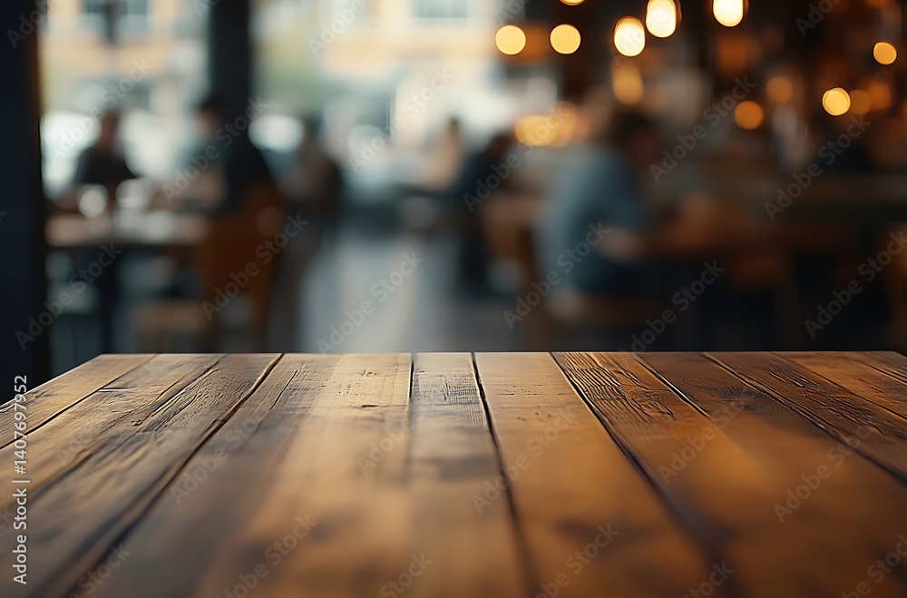 Close up view of a wooden table in a cozy cafe with blurred background ambiance and warm lighting : Generative AI