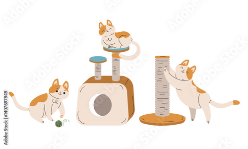 Funny Cat Domestic Pet with Pretty Snout Engaged in Different Activity Vector Set