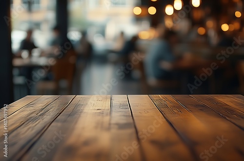 Obraz na płótnie Close up view of a wooden table in a cozy cafe with blurred background ambiance and warm lighting : Generative AI w salonie