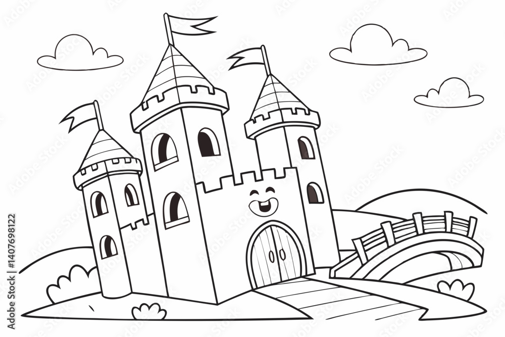 kids coloring page, a castle with tall towers, cartoonish, friendly, thick outlines