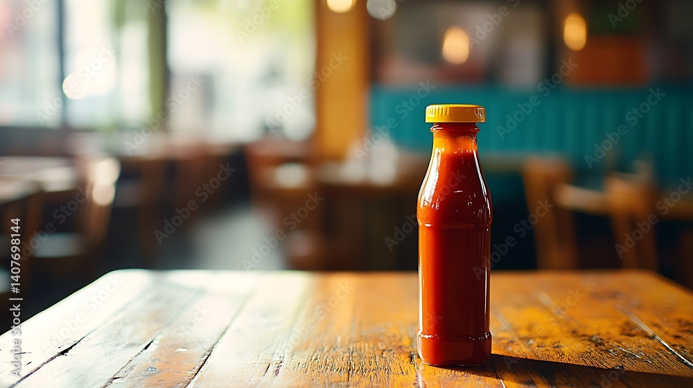 Colorful Tomato Sauce Bottle Elegantly Positioned on a Rustic Restaurant Table : Generative AI