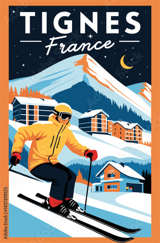 Tignes, France Ski poster in retro style. Winter landscape vector illustration