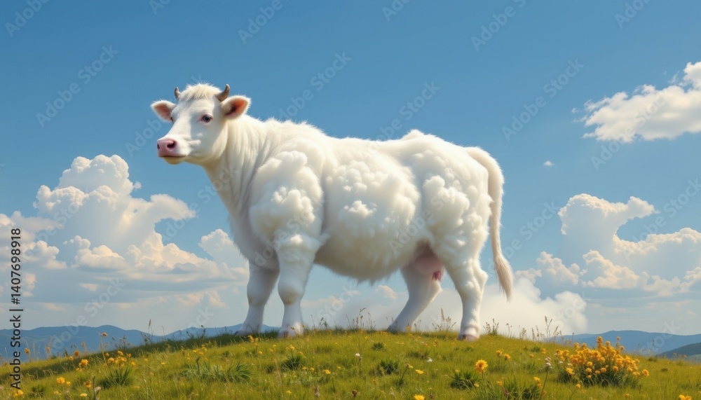 Cow Made of Clouds Create a whimsical image of a cow shaped from fluffy clouds, floating over a sunny landscape, evoking playfulness and serenity.