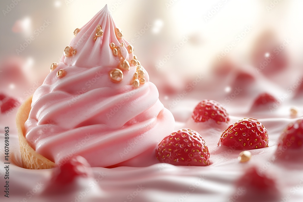 Elegant strawberry cupcake frosted with pink icing and sprinkled with golden decorations on a creamy base : Generative AI