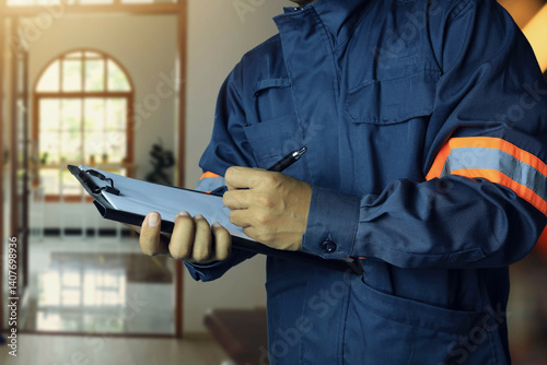 Engineer is holding clipboard to inspect the structure of a building inside before allowed to enter service after damage from natural disasters such as earthquakes or floods.