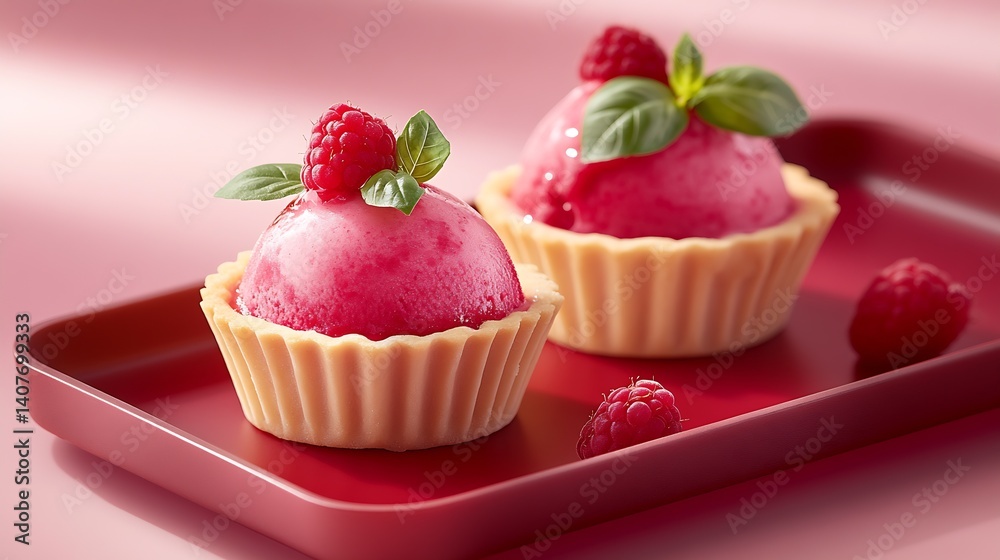 Delicious raspberry ice cream served in a crispy tart shell for a refreshing summer dessert experience : Generative AI