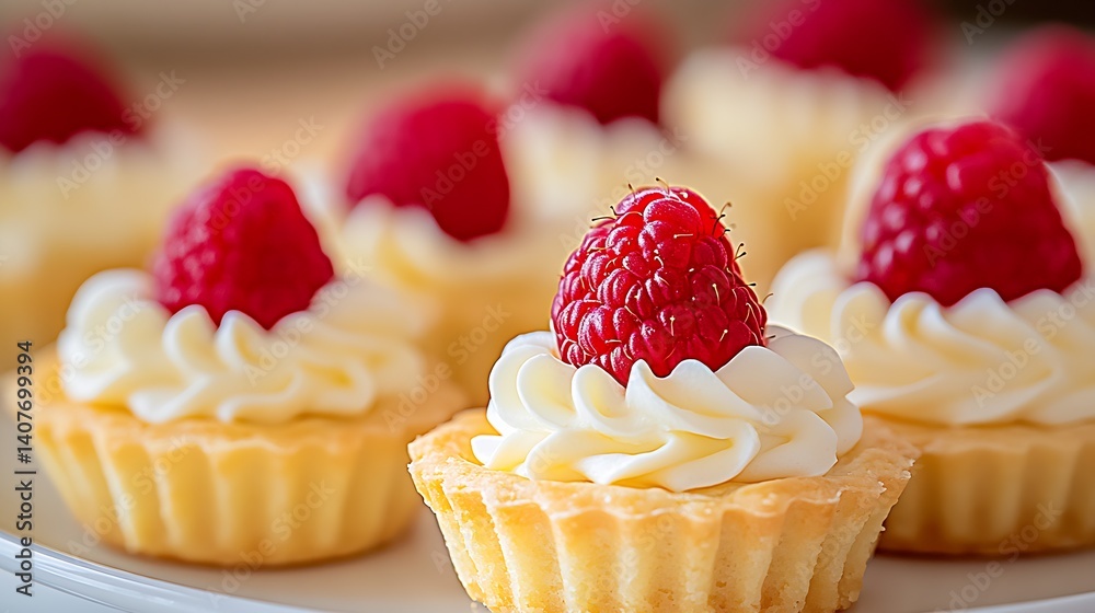 Delicious Raspberry Cream Tartlets with Whipped Frosting and Fresh Berries on Display : Generative AI